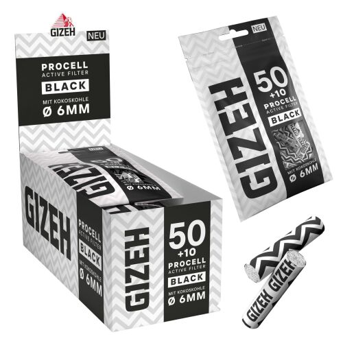 GIZEH ProCell Aktivkohlefilter BLACK – 60 Stück (50 +10 gratis) Ø 6 mm - mit Kokoskohle