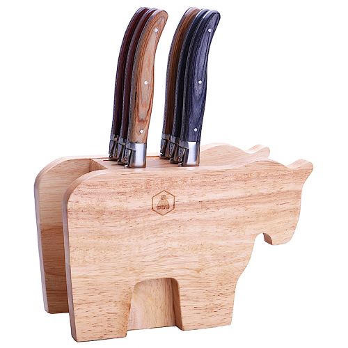 Laguiole 6er Steakmesser mit Holz Block Bull Pimbo